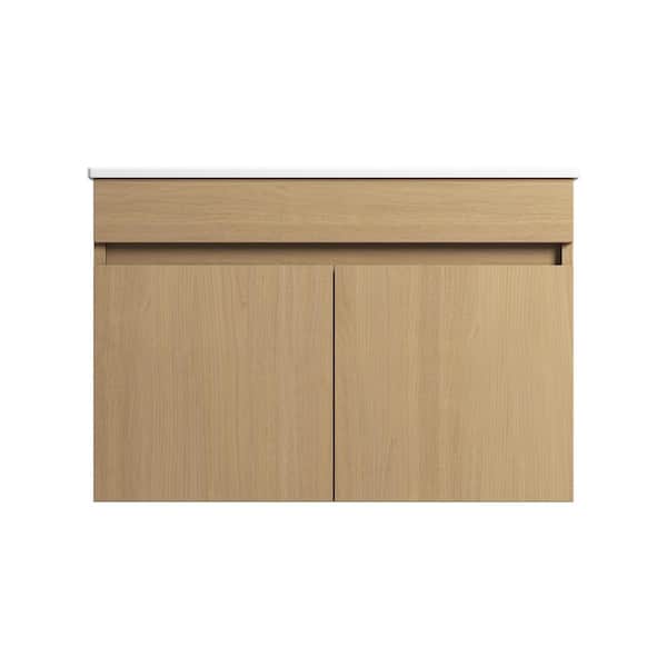 Logmey 23.6 in. W x 18 in. D x 20 in. H Bath Vanity in Light Oak with White Ceramic Top,Solid Wood