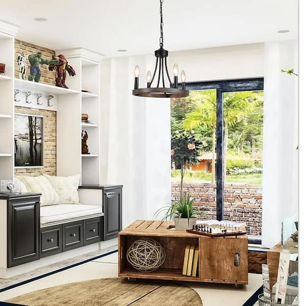 Farmhouse 4-Light Black and Imitation Wood GRain Candle Design Circle Chandelier for Dining Room with No Bulbs Included