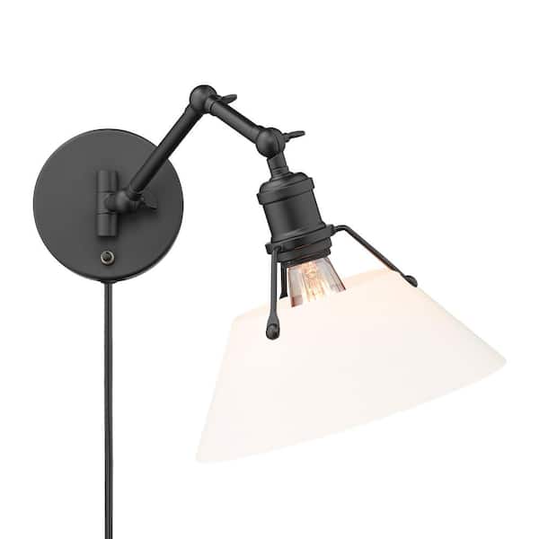 Golden Lighting Orwell 1- Light Matte Black and Opal Glass Plug-In or Hardwired Swing Arm Wall Lamp with 120 in. Cord