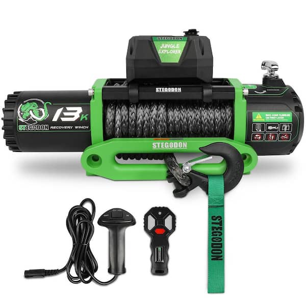 12V 13,000 lb Green Stainless Steel Electric Winch with Waterproof Steel Cable,Wireless Remote Control and Wired Control