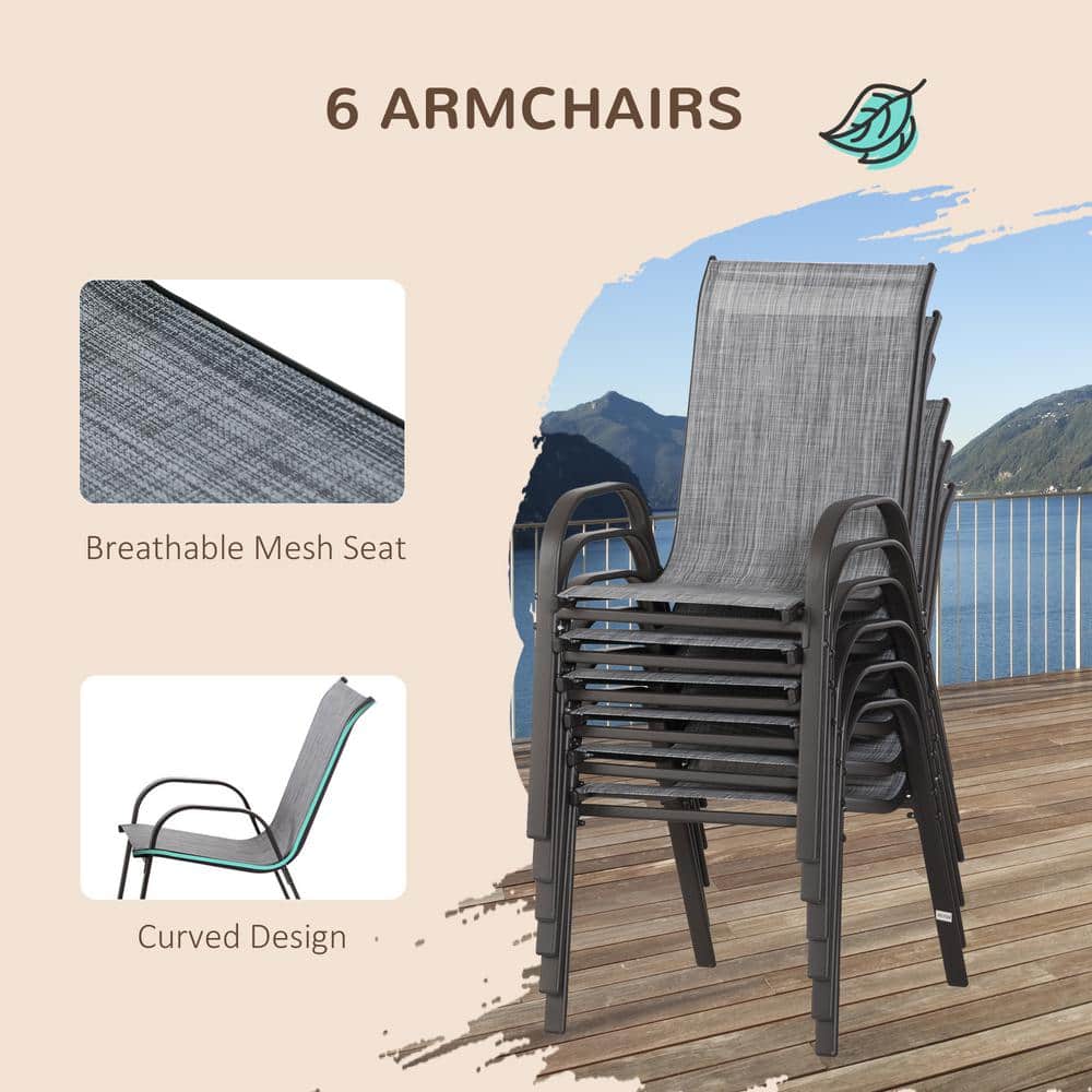 Gray 6-Person Outdoor Dining Set with Umbrella and Glass Top Table
