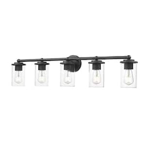 Thayer 39 in. 5-Light Matte Black Vanity Light with Clear Glass Shade with No Bulbs Included