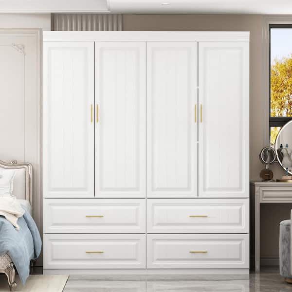 FUFU&GAGA White Wood 63 in. W 4-Door Big Bedroom Furniture Wardrobe Armoire with Hanging Rod, Drawers, Storage Shelves KF250023-012