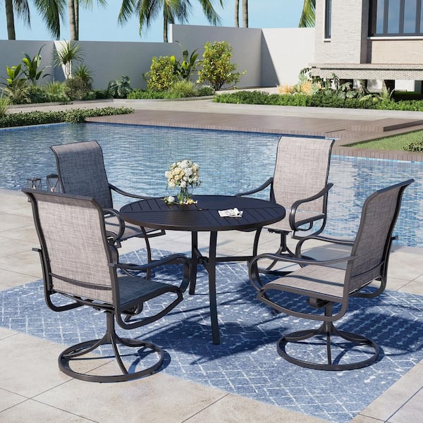 PHI VILLA Black 5-Piece Metal Patio Outdoor Dining Set with Slat Round Table and Textilene Swivel Chairs