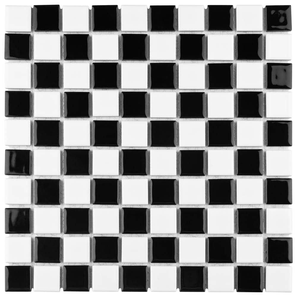 Merola Tile Checkerboard Square Glossy 6 in. x 6 in. Porcelain Mosaic Take Home Tile Sample, Black and White -  S1FKOTCK1