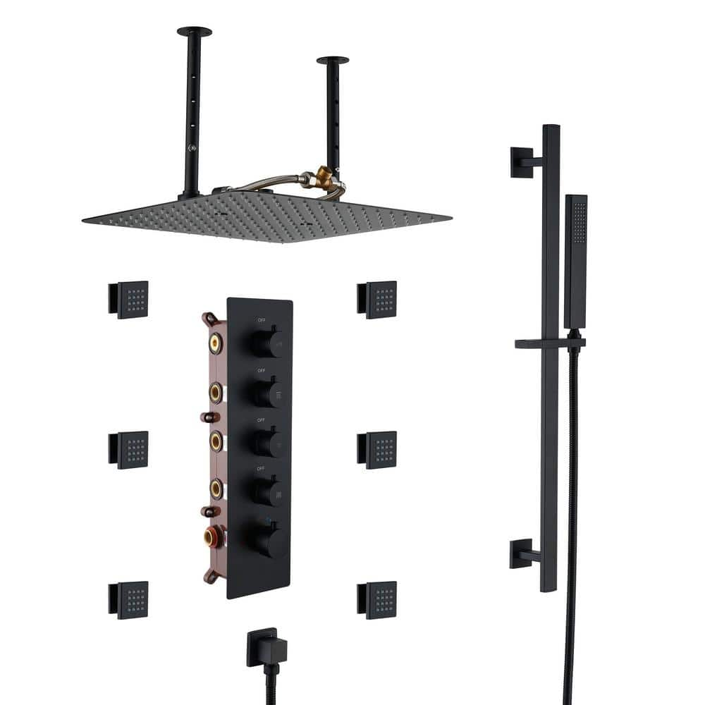 Mondawe Atmore Multiple 15-Spray Patterns Dual 16 in. Ceiling Mount Rainfall Shower Heads 2.5 GPM with 6-Jet, Valve in Black