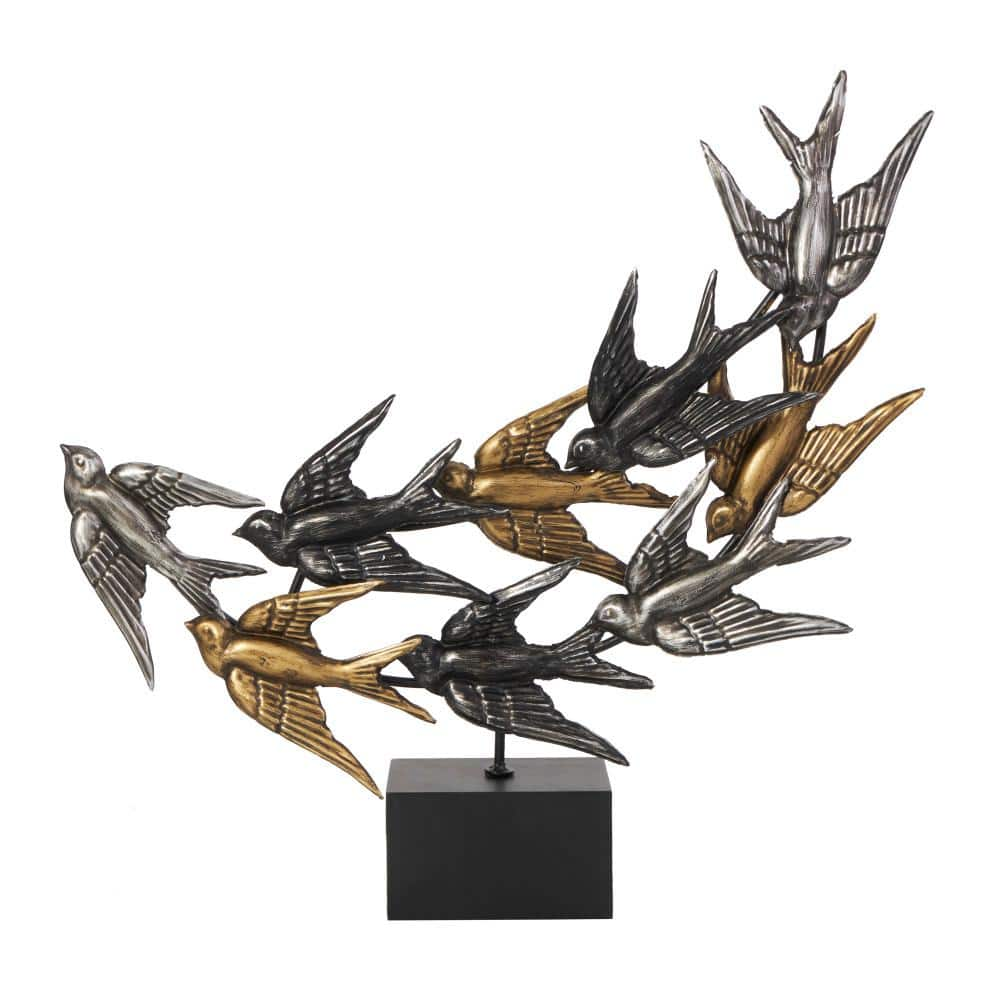 Litton Lane 19 in. Black Metal Metallic Flying Bird Sculpture with Black Block Base