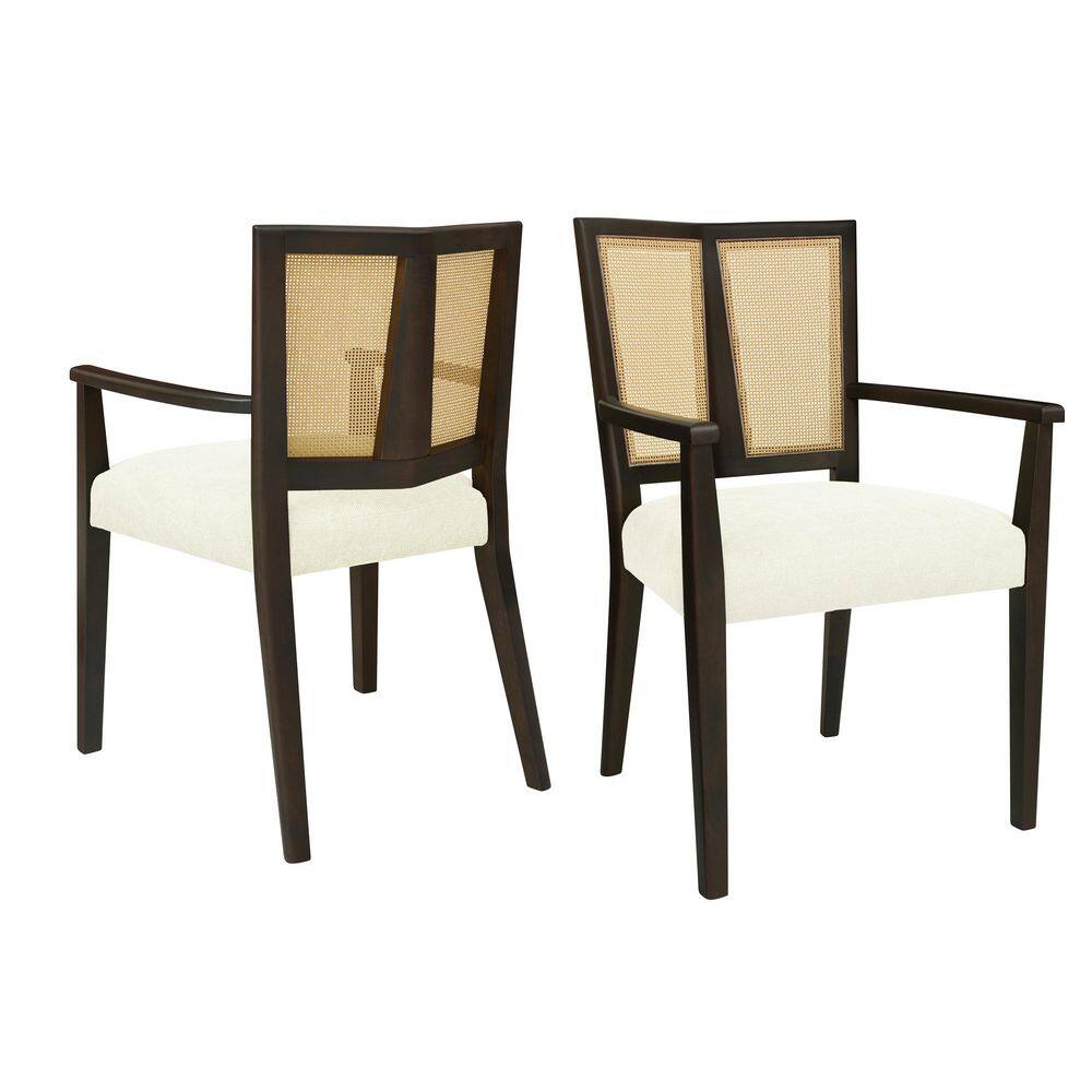 Dark Brown and Beige Rubberwood Arm Chairs with Cane Webbing