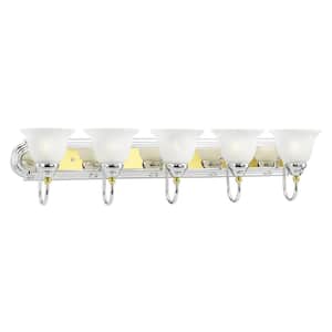 Bradley 36 in. 5-Light Polished Chrome and Polished Brass Vanity Light with White Alabaster Glass