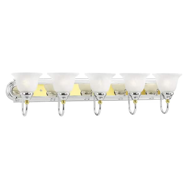 AVIANCE LIGHTING Bradley 36 in. 5-Light Polished Chrome and Polished Brass Vanity Light with White Alabaster Glass