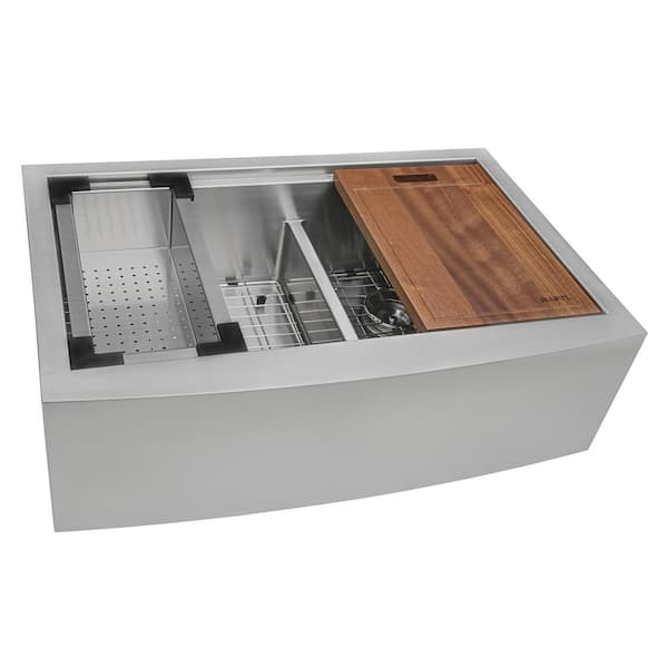 Verona 36 in. Apron-Front Farmhouse 50/50 Double Bowl 16-Gauge Stainless Steel Kitchen Sink with Low Divide
