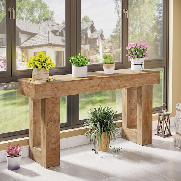 BYBLIGHT Turrella 63 in. Natural Brown Entryway Table, Rectangle Wooden Sofa Console Table Behind Couch for Living Room