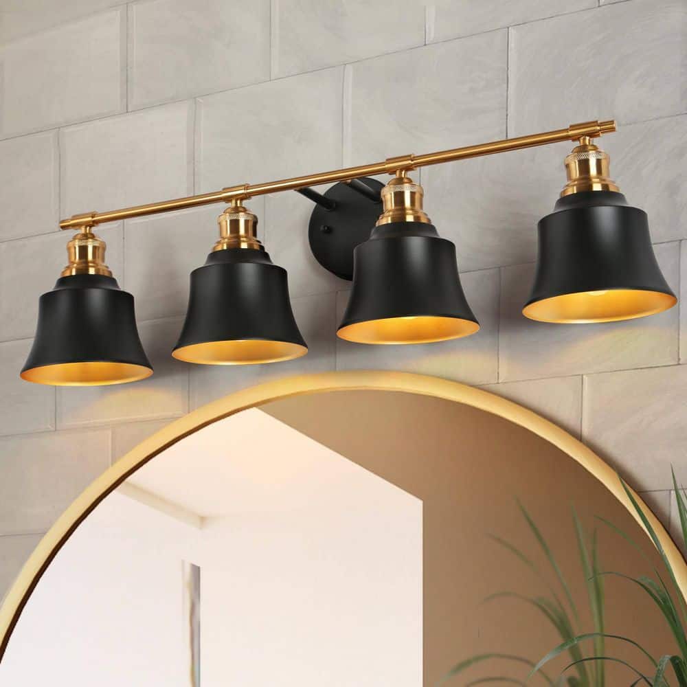 Uolfin 30 in. 4-Light Black and Gold Powder Room Wall Sconce, Modern ...
