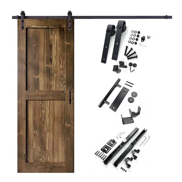 HOMACER 32 in. x 84 in. H-Frame Walnut Solid Pine Wood Interior Sliding Barn Door with Hardware Kit, Non-Bypass