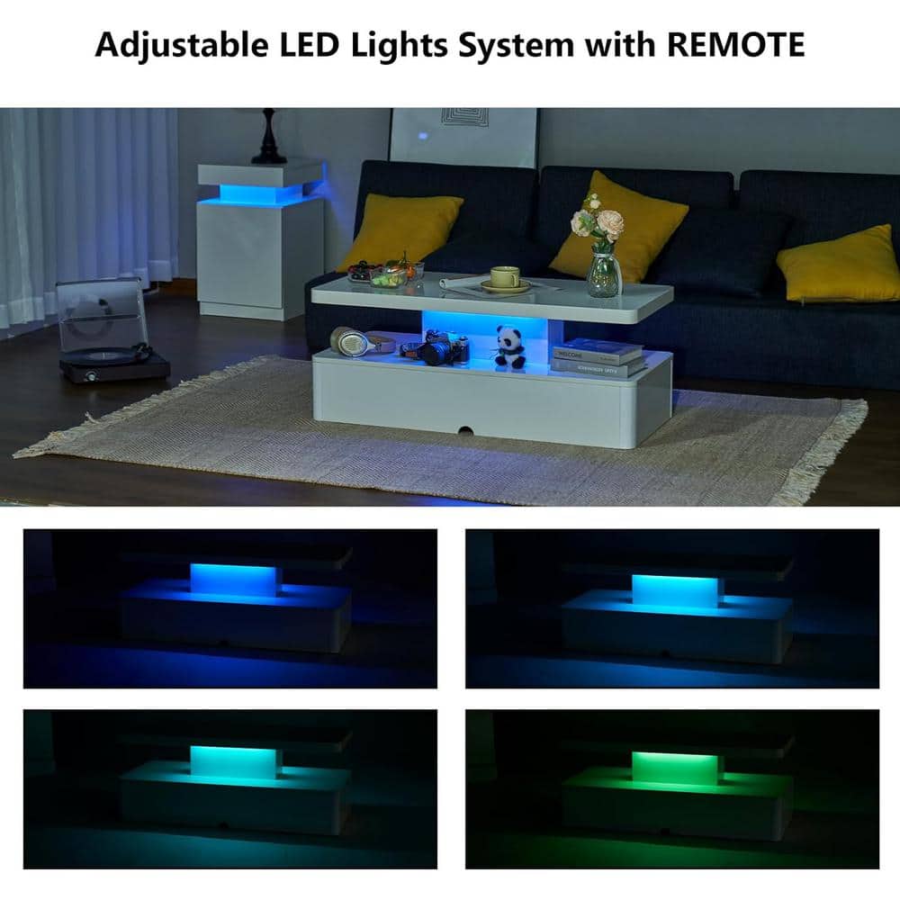 White High Gloss Acrylic Coffee Table with LED Lights and Storage