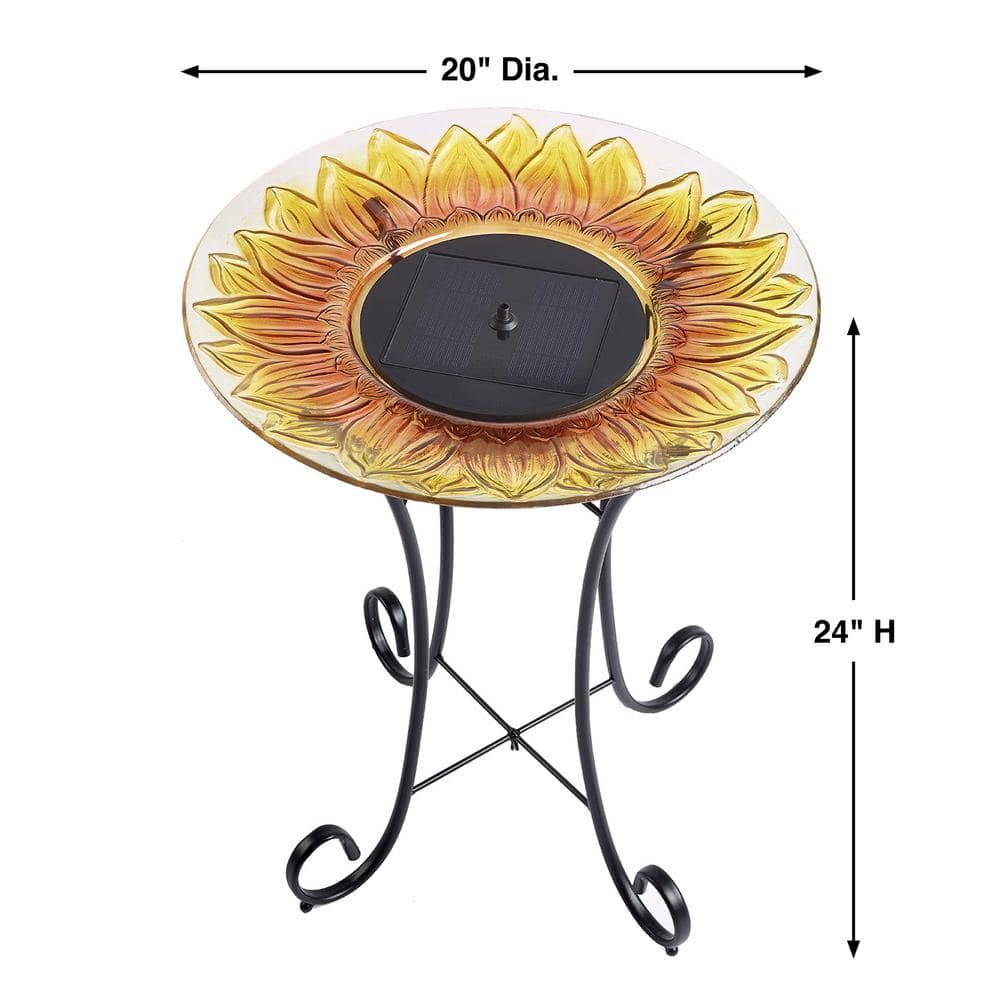 Sunflower Hand-Painted Glass Solar Bird Bath with Steel Stand