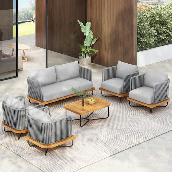 CHRISTOPHER KNIGHT HOME Cali 6-Piece Solid Wood and Rope Weave Outdoor Patio Conversation Set with Grey Cushions, Teak plus Grey