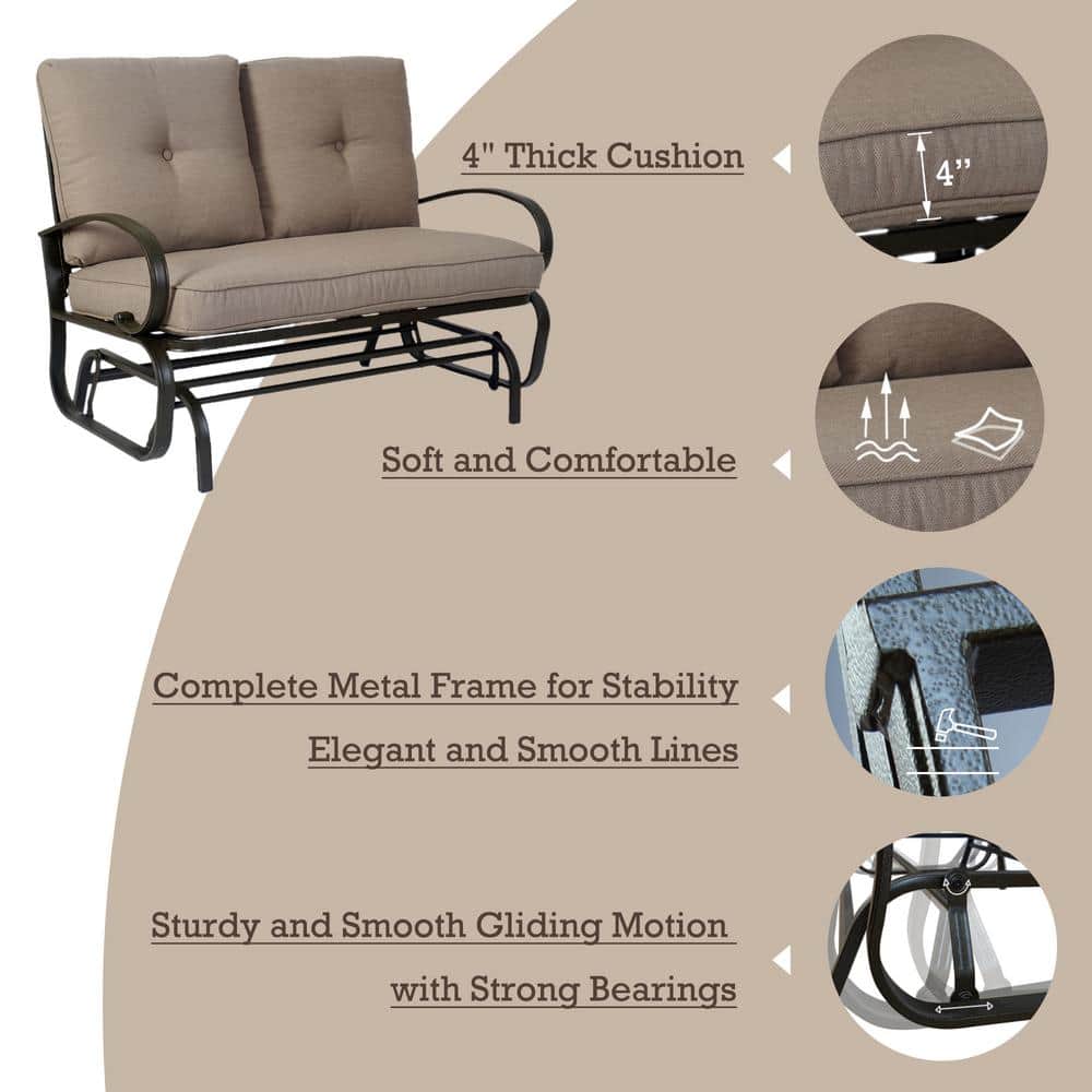 Beige Metal Outdoor Patio Rocking Love Seat Glider