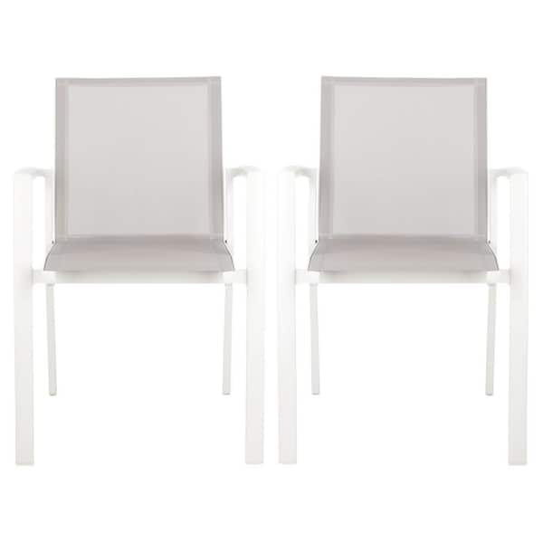 SAFAVIEH Negan Gray/White Stackable Metal Outdoor Dining Chair (2-Pack)