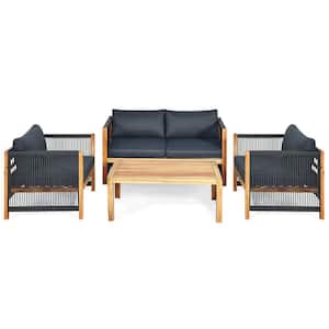 4-Piece Solid Wood Modern Patio Conversation Set with Gray Cushion, String Woven Arm