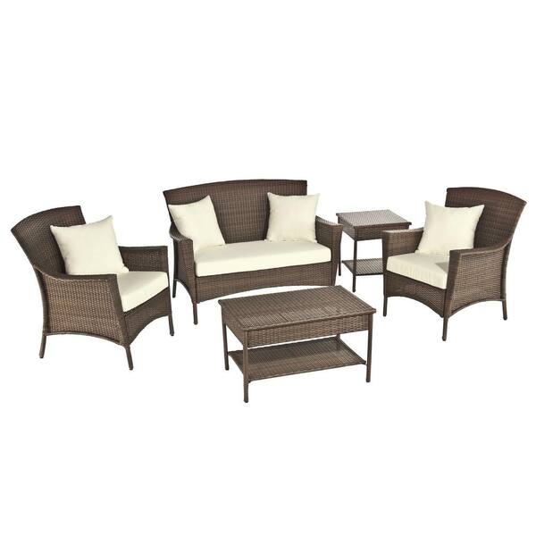 W Unlimited Galleon Collection 5-Piece Wicker Patio Conversation Set with Light Brown Cushions