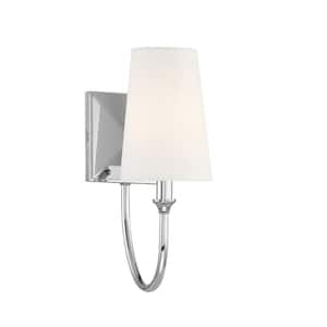 Cameron 5 in. W x 13 in. H 1-Light Polished Nickel Transitional Wall Sconce with White Fabric Shade
