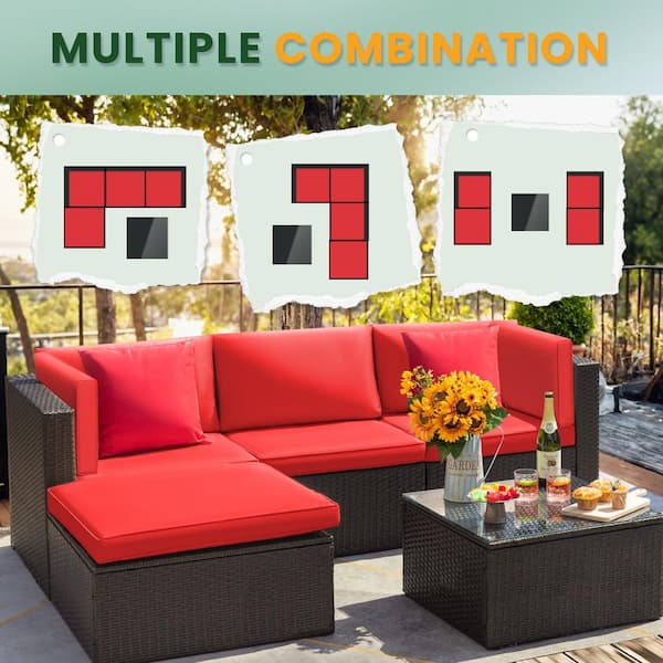 5-Pieces Wicker Patio Conversation Set Outdoor Rattan Sofa with Glass Coffee Table and Red Cushions