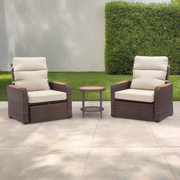 3-Piece Outdoor Wicker Recliner Set with Beige Cushions and Wood Armrests