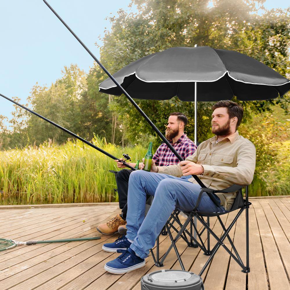 Black Portable Two-Person Fishing Chair with Removable Umbrella