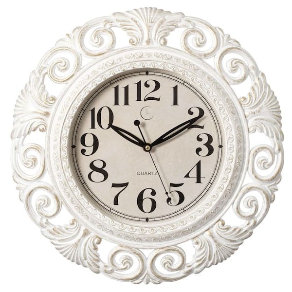 Clockswise 16 in. Classic Round Decorative Hanging Wall Clock with Ornate Leaf Scroll Frame in Vintage, White