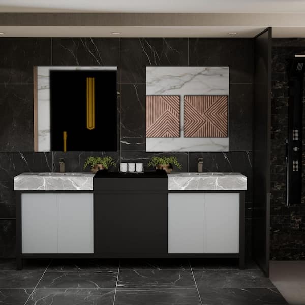 Zilara 84 in x 22 in D Black and Grey Double Bath Vanity, Castle Grey Marble Top and Gun Metal Faucet Set
