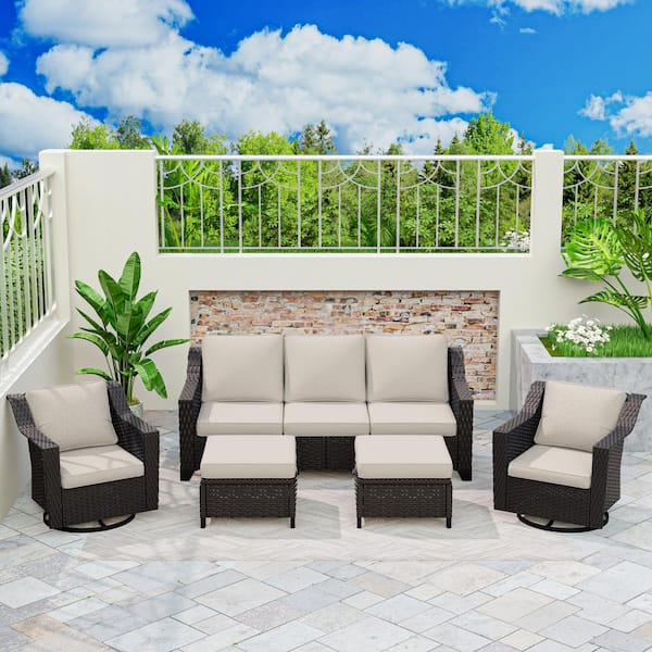 MeetLeisure 5-Piece Rattan Wicker Patio Conversation Set Sectional Outdoor Chairs with Beige Cushions and Ottomans