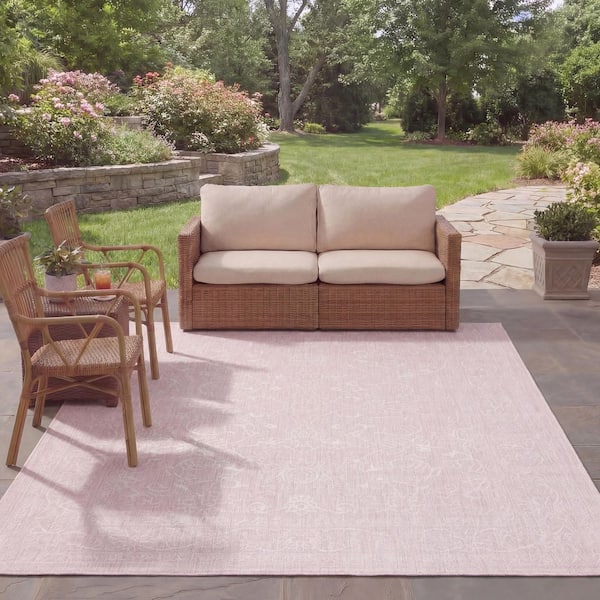 Courtyard Pink/Ivory 8 ft. x 11 ft. Soft Border Floral Scroll Indoor/Outdoor Area Rug