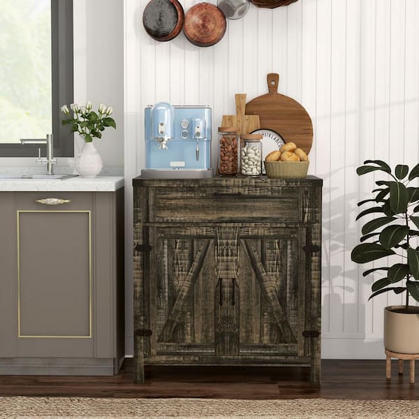 30 in. Rustic Farmhouse Particle Board Sideboard Storage Cabinet with Adjustable Shelves, Dark Oak