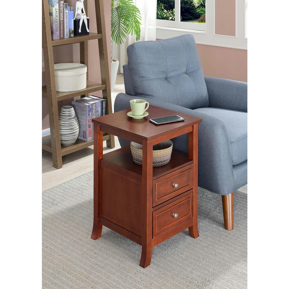 Mahogany Wood End Table with Storage Drawers and Shelf