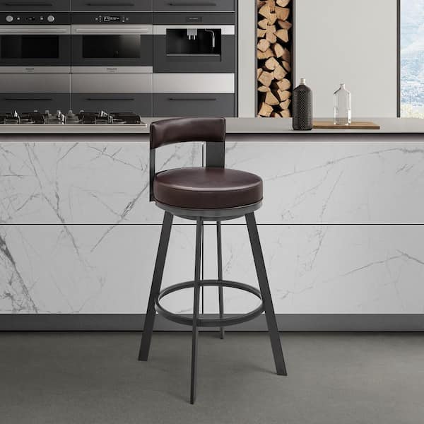 Armen Living Flynn 26 in. Brown Low Back Metal Counter Stool with Faux Leather Seat