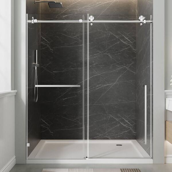 Vitrina 60 in. W x 78 in. H Single Sliding Frameless Shower Door in Brushed Nickel Finish with Clear Glass with Handle