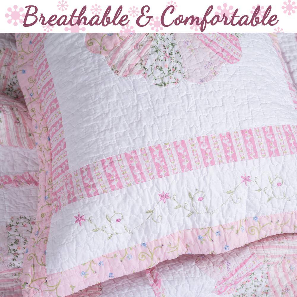 Pink and White Floral Cotton Twin Reversible Quilt Set