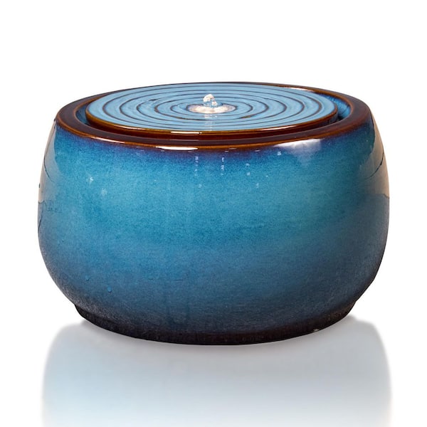 vbal 9 in. Round Blue Ceramic Water Floor Urn Fountain with LED Light and Pump