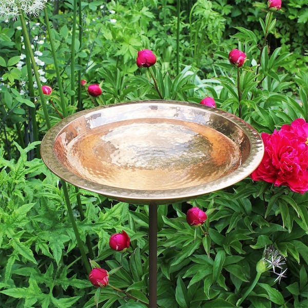 Achla Designs 12 5 In Dia Polished Copper Plated Hammered Copper Birdbath Bowl With Stake Bbhc 01t S The Home Depot