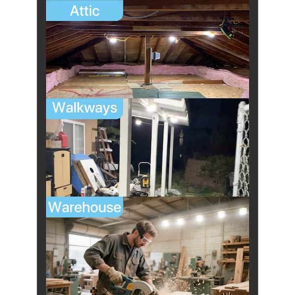 120V Construction String Lights 100 ft. with Cages, 10 Bulbs, IP65 Waterproof, Linkable LED Lights for Job Sites, Attic