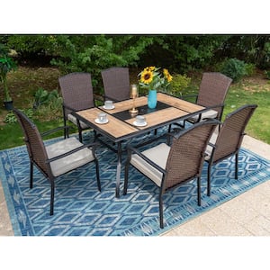 Black 7-Piece Metal Patio Outdoor Dining Set with Geometric Rectangle Table and Rattan Chairs with Beige Cushion