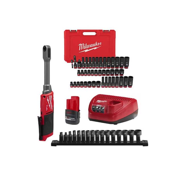 Milwaukee - M12 12V FUEL 1/4 in.-3/8 in. Lithium-Ion INSIDER Extended Reach Box Cordless Ratchet Kit w/6 Pt Impact Socket Set