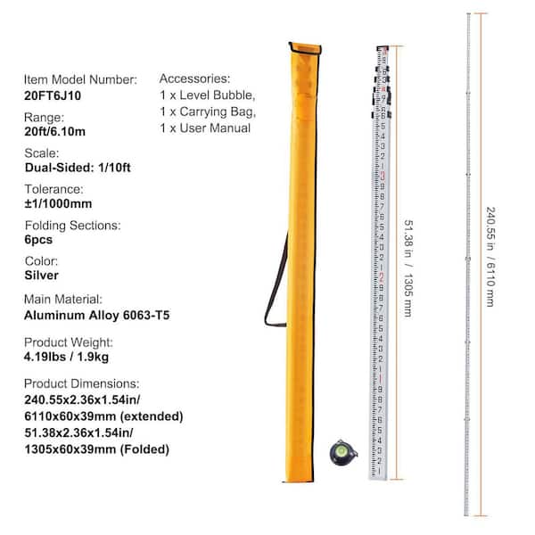 SKYSHALO Aluminum 20 ft. Telescoping Rod, Measuring Rod, 6 Sections, 1/10ft. Scale, Bubble Level & Bag, for Surveying, Walls YZCLG20YCFEEIF7TIV0-250711 - The Home Depot SKYSHALO Aluminum 20 ft. Telescoping Rod, Measuring Rod, 6 Sections, 1/10ft. Scale, Bubble Level & Bag, for Surveying, Walls YZCLG20YCFEEIF7TIV0-250711 - The Home Depot