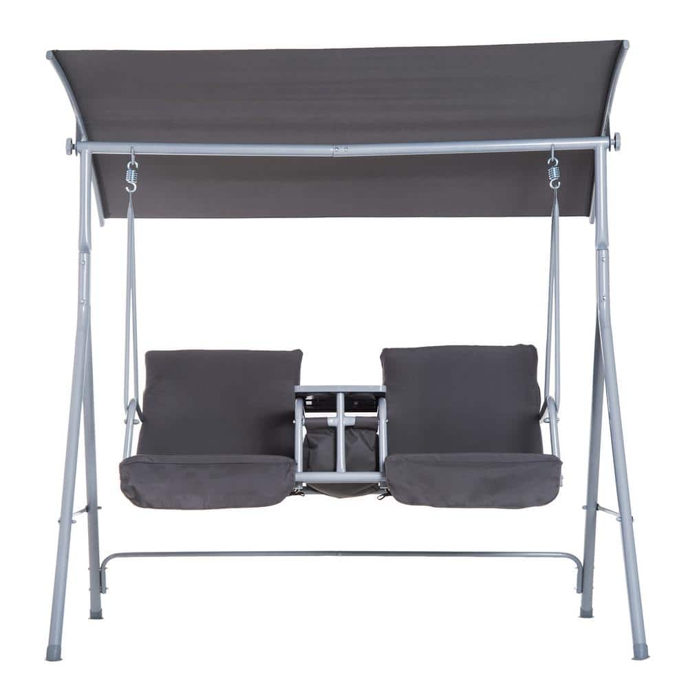 Gray Metal 2-Person Outdoor Swing with Canopy and Cushions