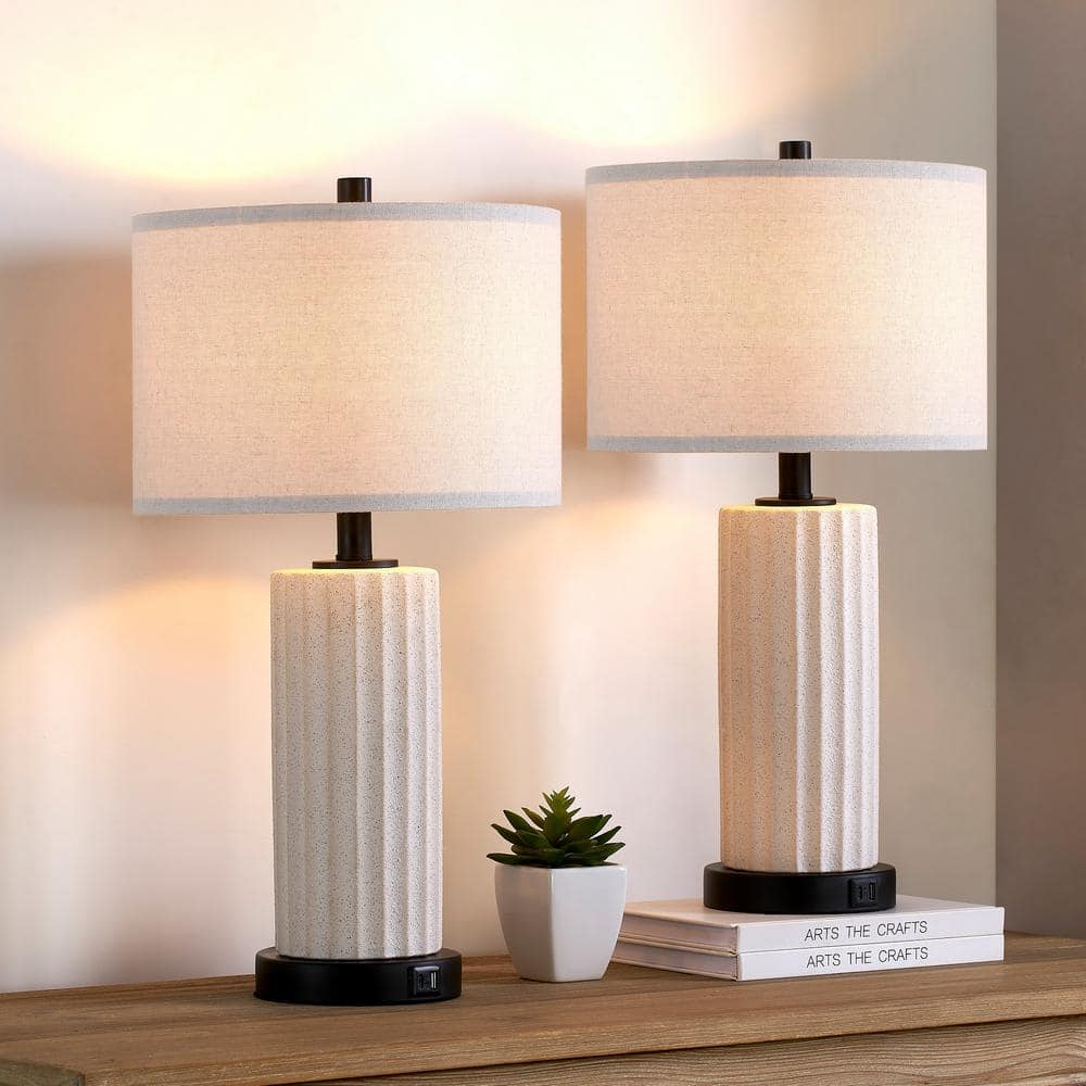 White Ceramic Table Lamp Set with USB Ports and Touch Control