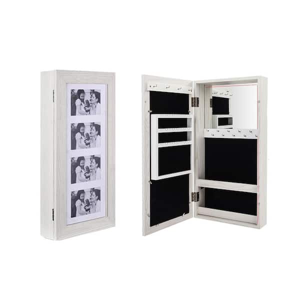 Wall and Door Mount Lockable Mirrored Jewelry Cabinet, Space Saving Wooden Jewelry Organizer Storage with Mirror, White