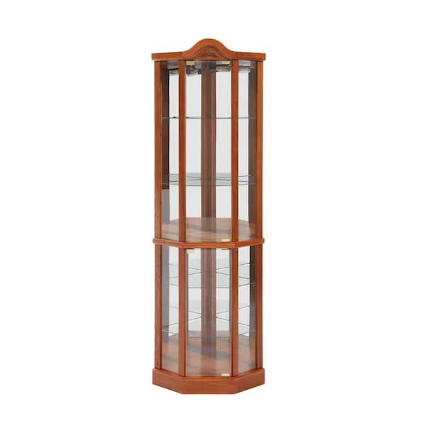 FUNKOL 16.73 in x 16.73 in x 71.93in 6 Shelf Oak MDF Glass Ready to Assemble Diagonal Kitchen Cabinet with OAK Lights