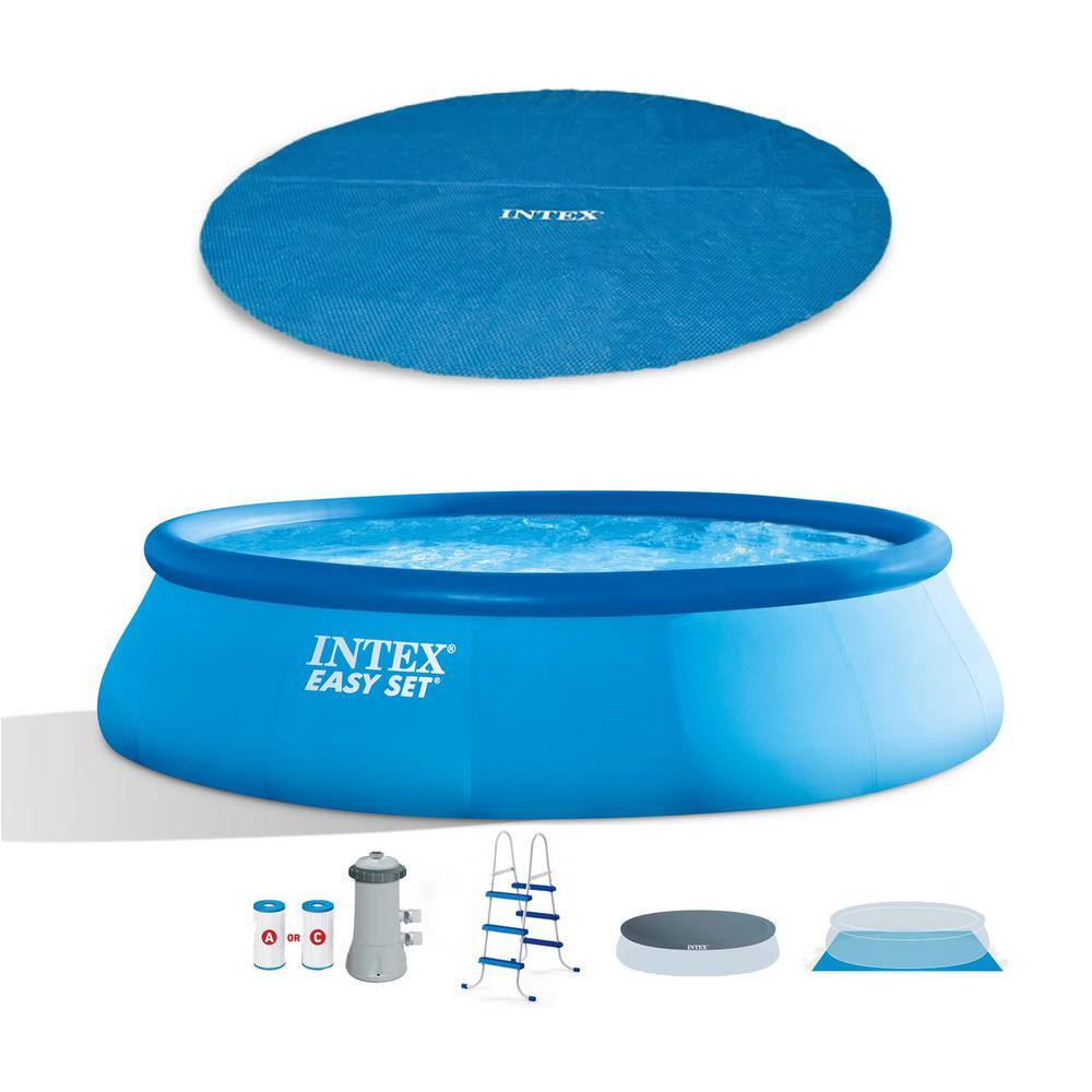 Intex 15 ft. x 180 in. Round Inflatable Pool with Pool Set and 15 ft. Pool Cover, Blue -  175347