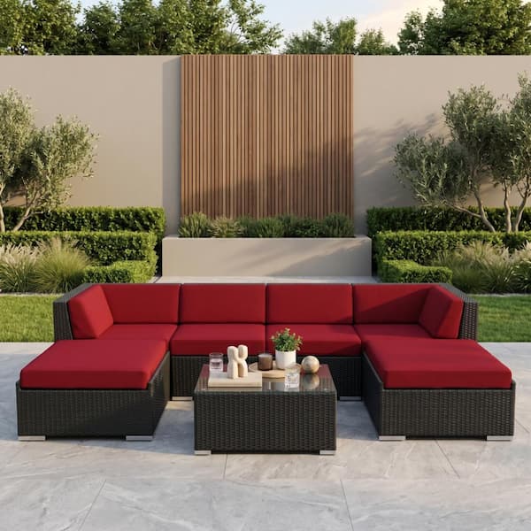 Ohana Black 7-Piece Wicker Patio Seating Set with Sunbrella Jockey Red Cushions